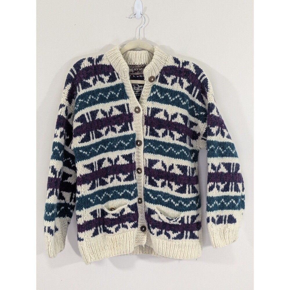 Vintage Reywear Chunky Knit Cardigan Womens L Nordic Fair Isle Wool Sweater